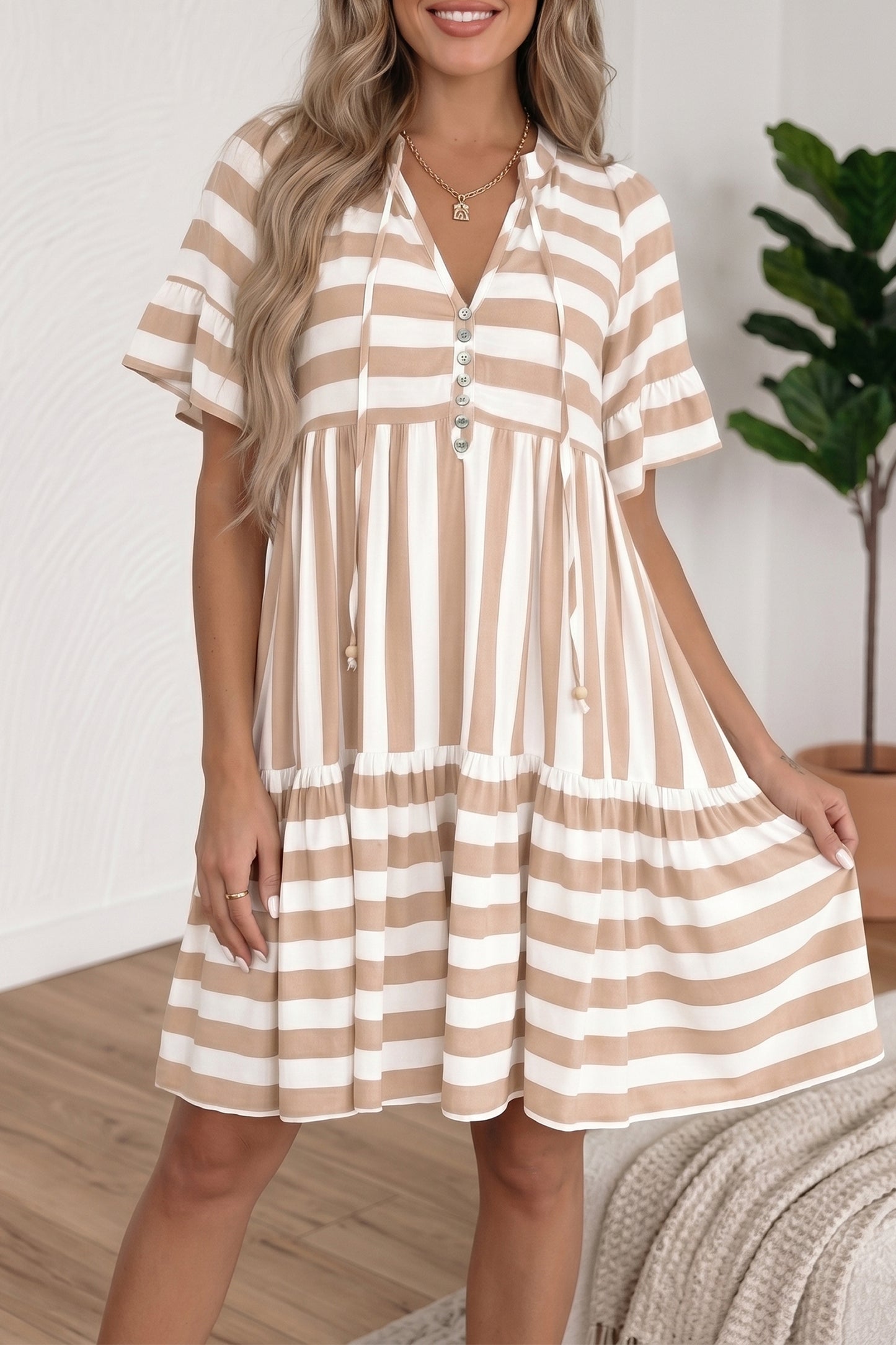 Khaki Stripe Tie V Neck Ruffle Trim Short Sleeve Flared Summer Dress-TOPS / DRESSES-[Adult]-[Female]-2022 Online Blue Zone Planet