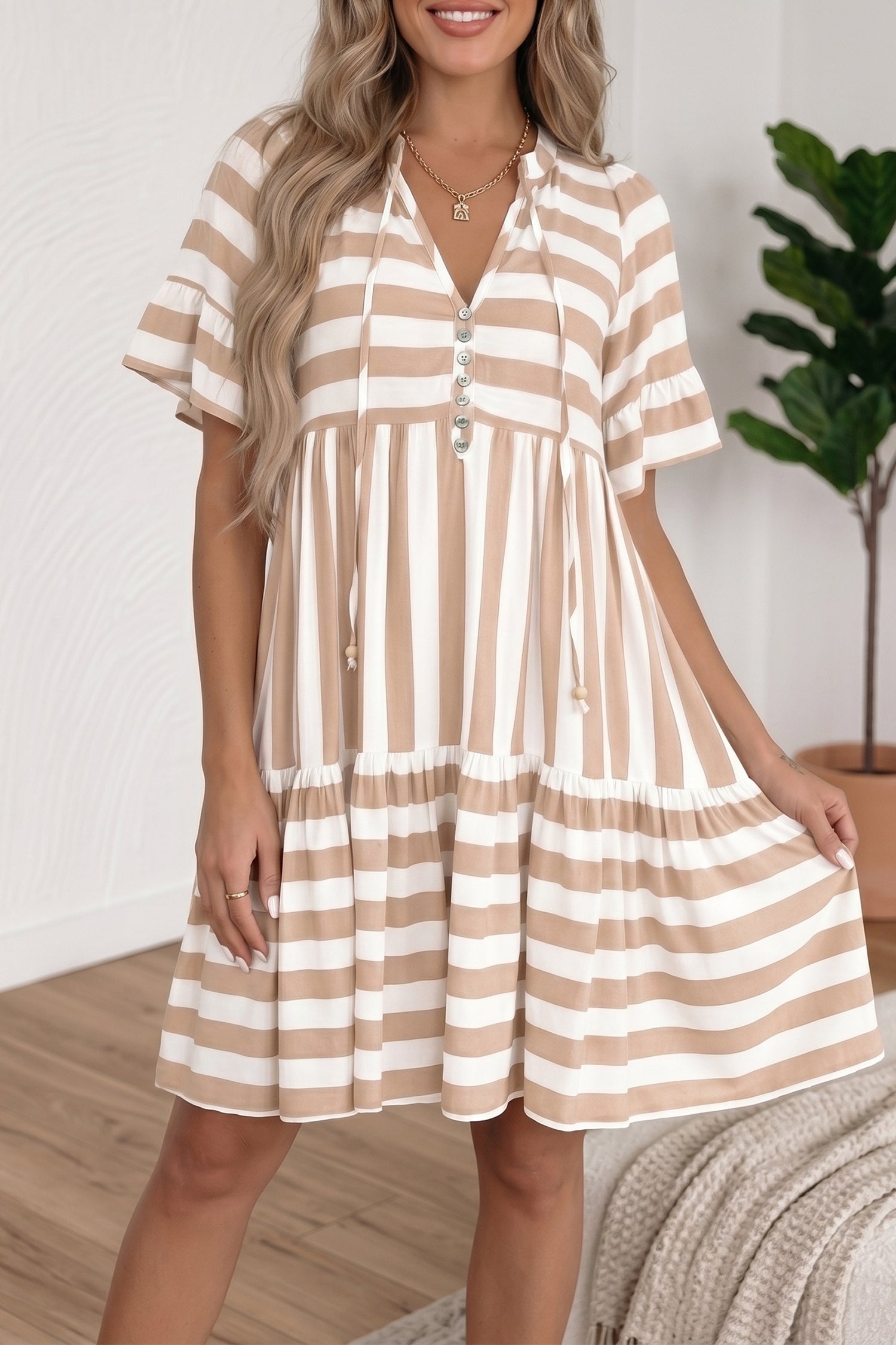 Khaki Stripe Tie V Neck Ruffle Trim Short Sleeve Flared Summer Dress-TOPS / DRESSES-[Adult]-[Female]-2022 Online Blue Zone Planet