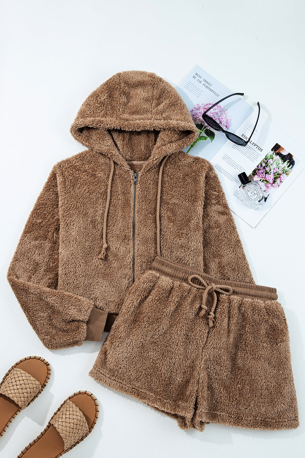 Parchment Zip Up Hoodie Drawstring Shorts Sherpa 2pcs Outfit-Tops / Dresses-[Adult]-[Female]-2022 Online Blue Zone Planet