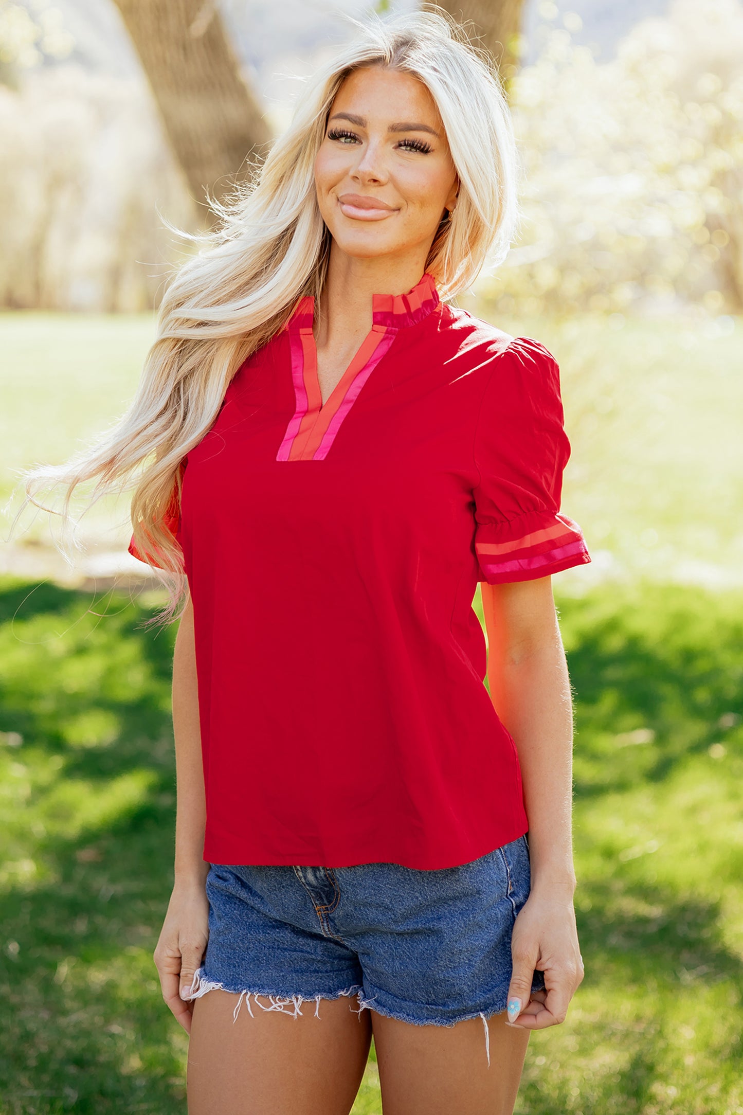 Fiery Red Striped Frilled Collar Ruffled Short Sleeve Blouse-Tops/Blouses & Shirts-[Adult]-[Female]-2022 Online Blue Zone Planet