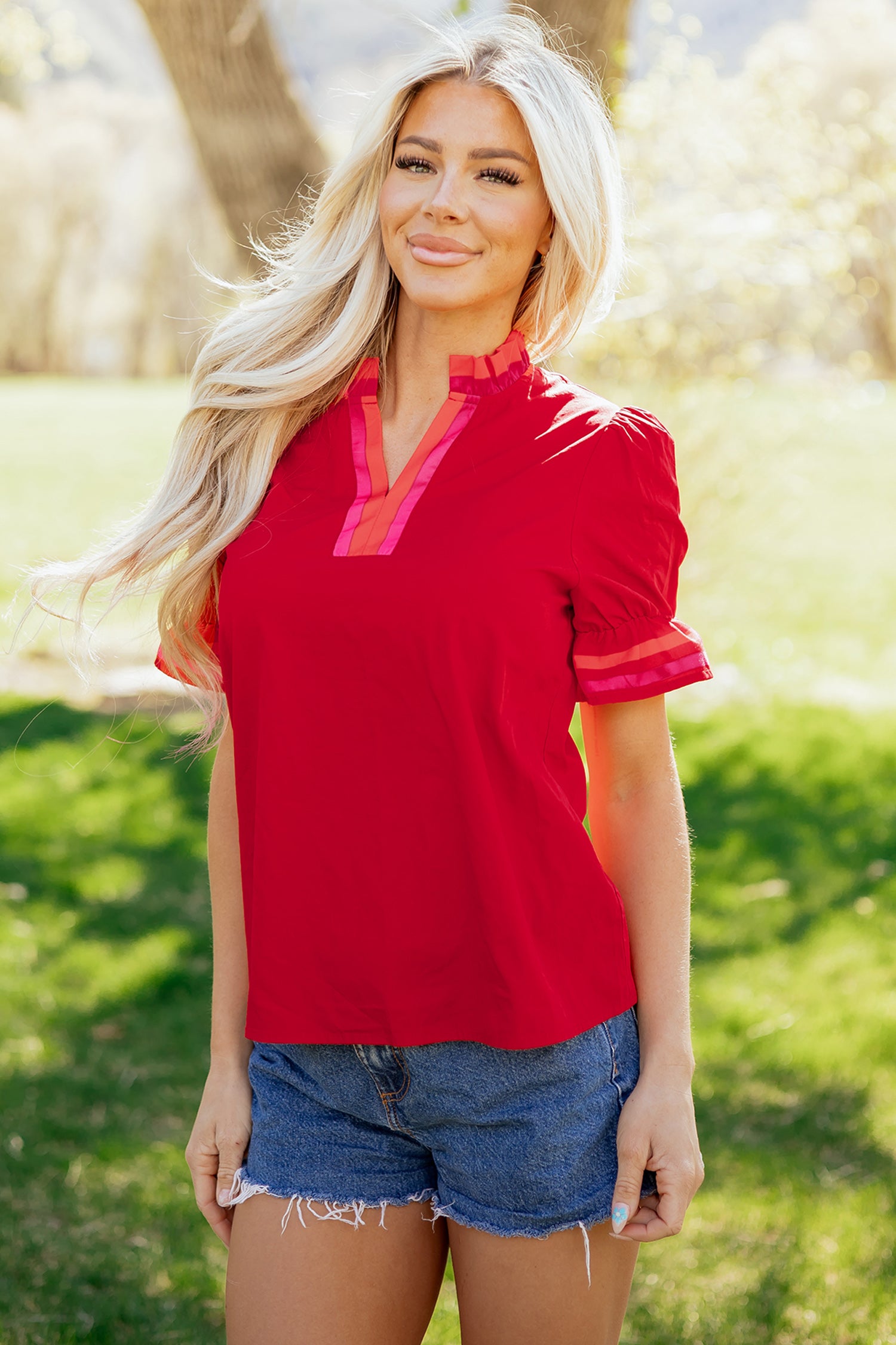 Fiery Red Striped Frilled Collar Ruffled Short Sleeve Blouse-Tops/Blouses & Shirts-[Adult]-[Female]-2022 Online Blue Zone Planet
