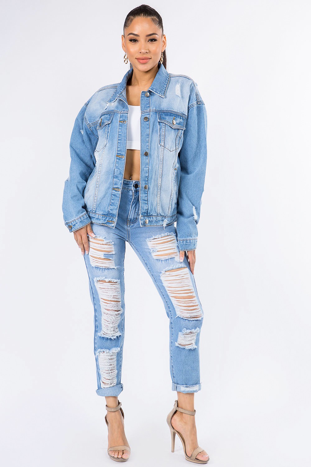 American Bazi Graphic Distressed Long Sleeve Denim Jacket-TOPS / DRESSES-[Adult]-[Female]-2022 Online Blue Zone Planet