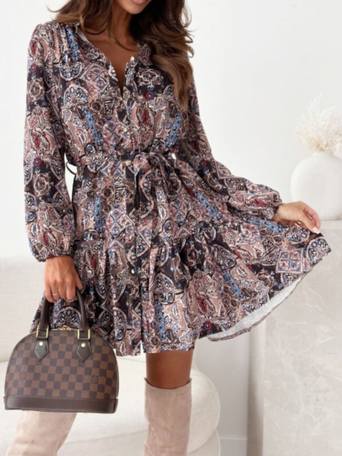 Blue Zone Planet | Ruffle Hem Floral Long Sleeve Dress-TOPS / DRESSES-[Adult]-[Female]-2022 Online Blue Zone Planet