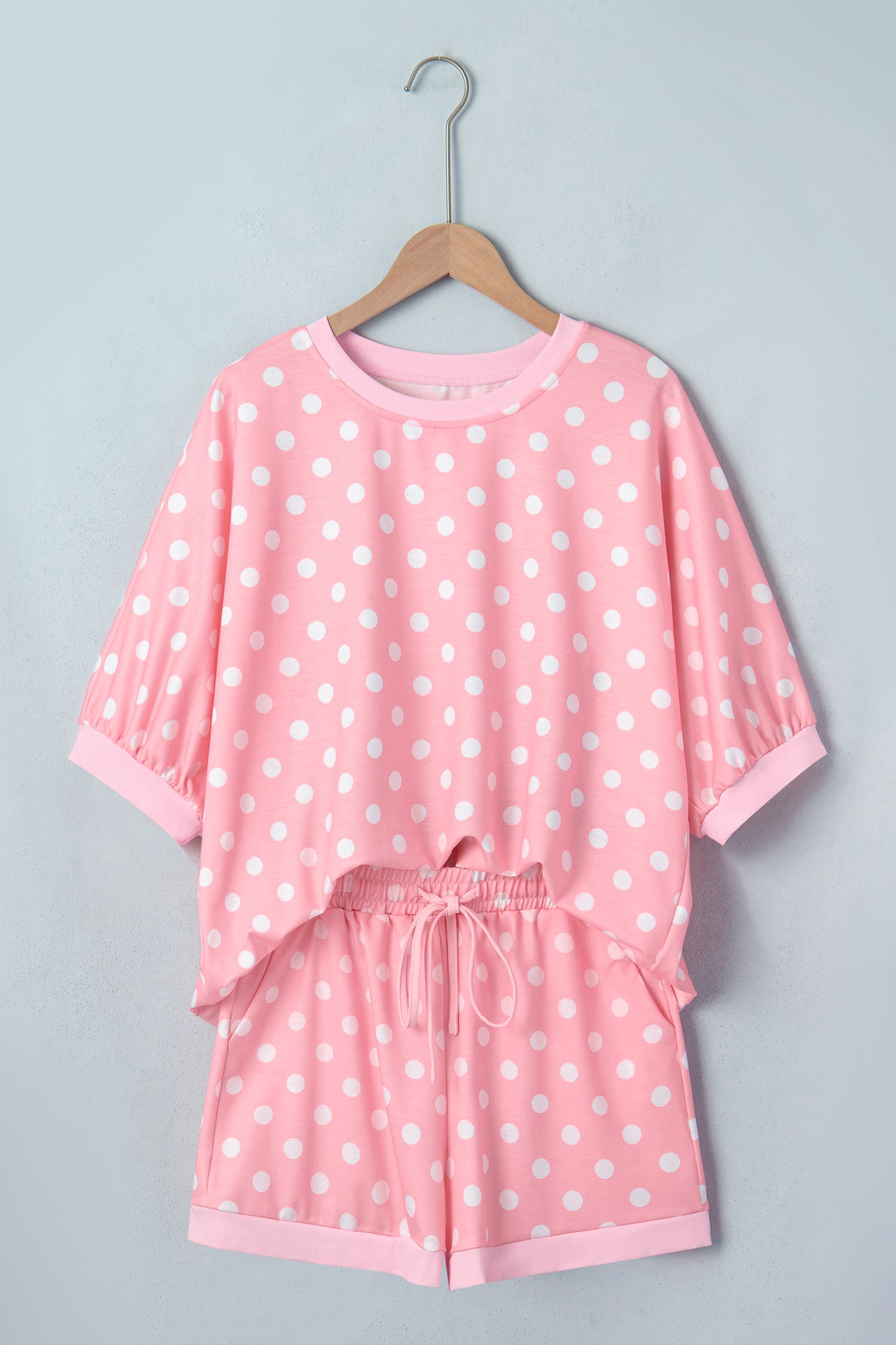 Sky Blue Polka Dot Oversized Top Drawstring Short Set-Two Piece Sets/Short Sets-[Adult]-[Female]-2022 Online Blue Zone Planet