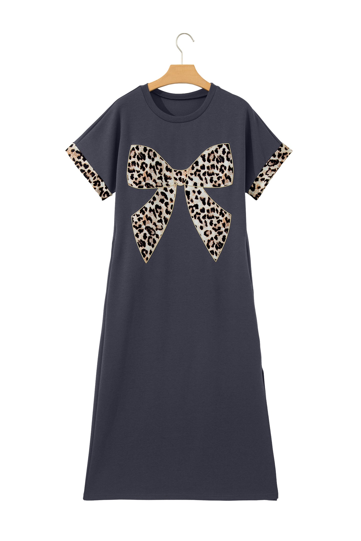 Dark Grey Contrast Leopard Bow Patched Short Sleeve T Shirt Long Dress-TOPS / DRESSES-[Adult]-[Female]-2022 Online Blue Zone Planet