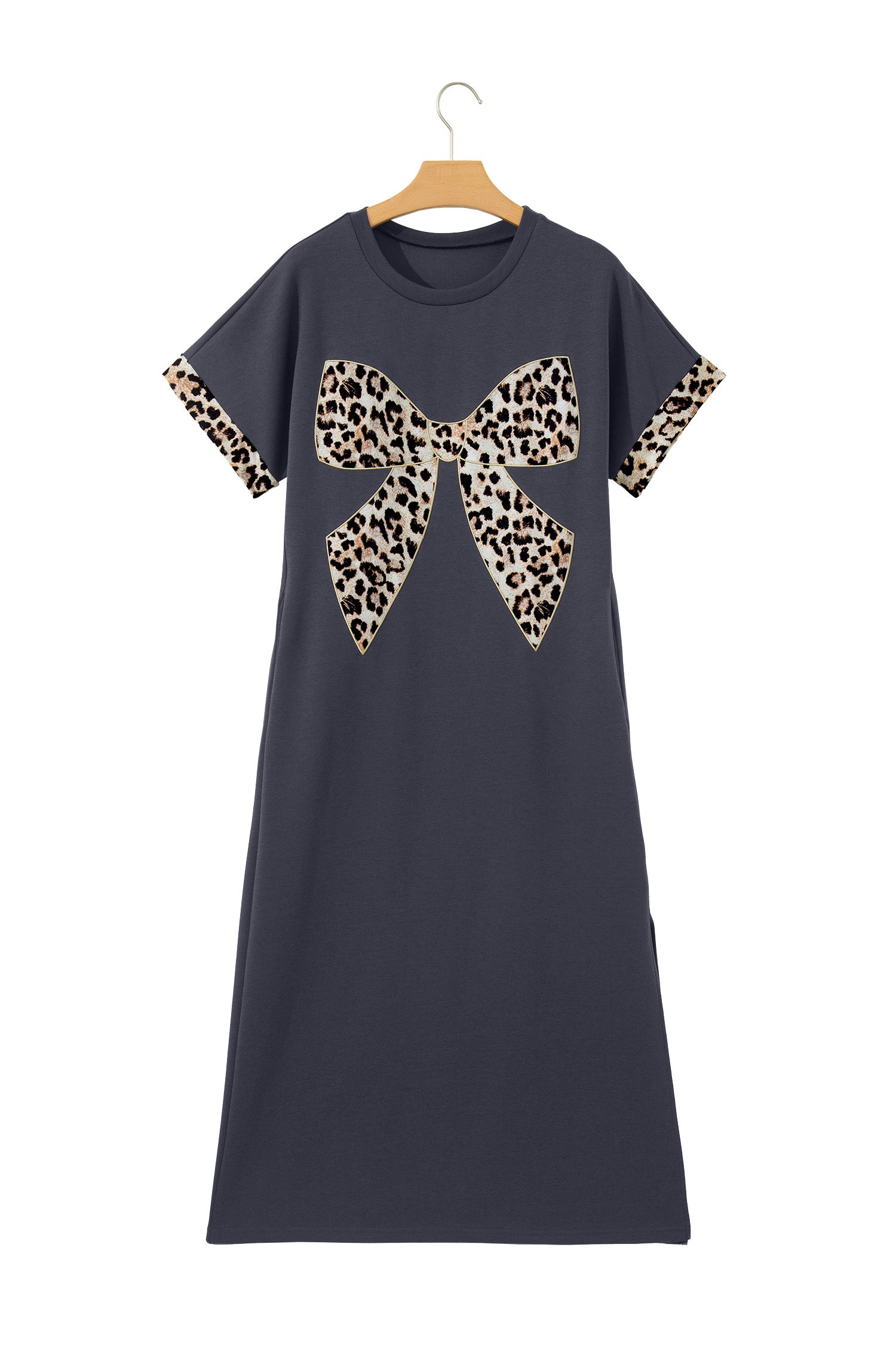 Dark Grey Contrast Leopard Bow Patched Short Sleeve T Shirt Long Dress-TOPS / DRESSES-[Adult]-[Female]-2022 Online Blue Zone Planet