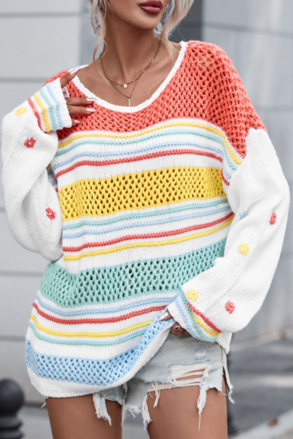 Hollow Striped Color Block Round Neck Sweater-TOPS / DRESSES-[Adult]-[Female]-Stripe-S-2022 Online Blue Zone Planet