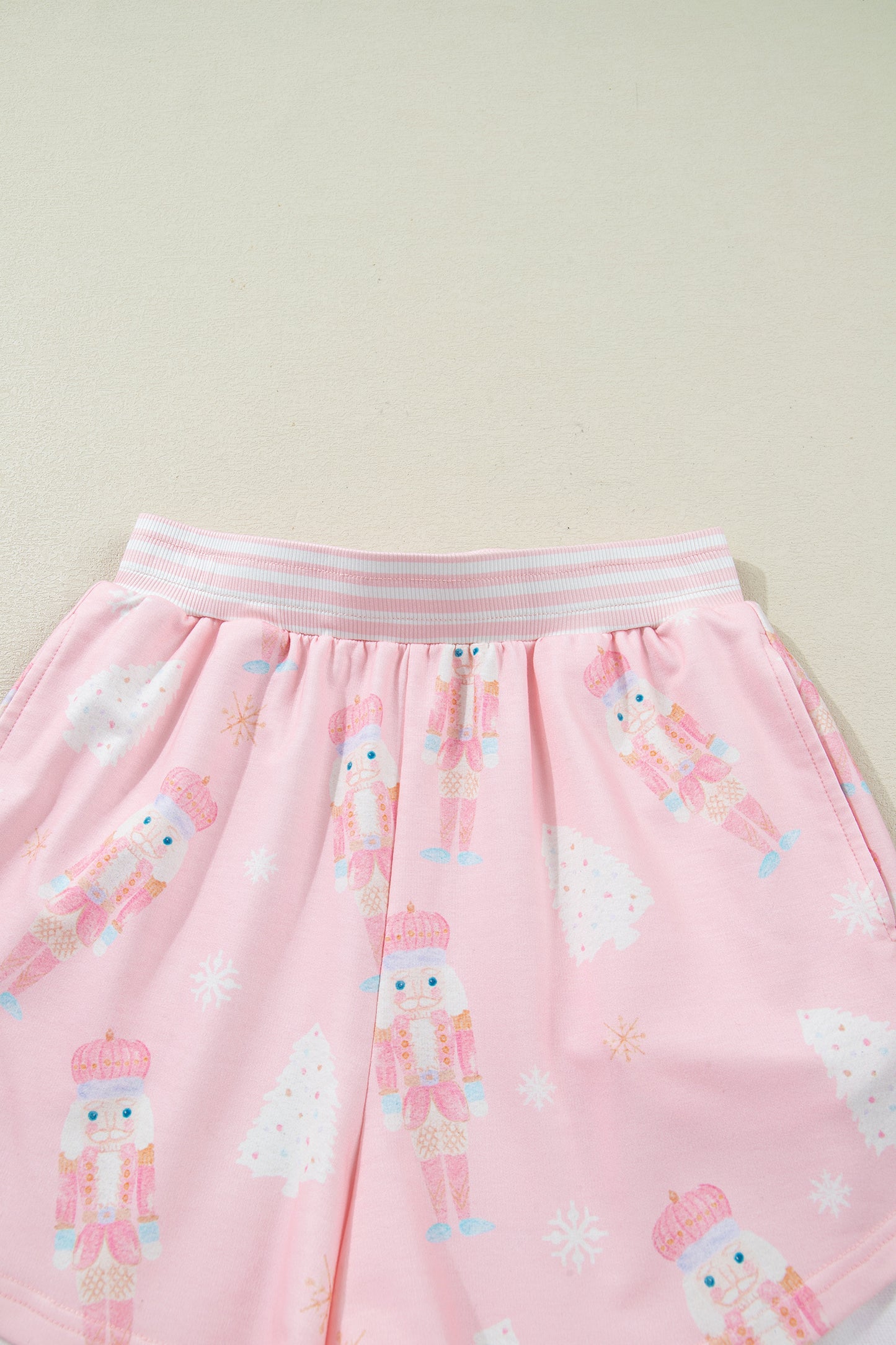 Pink Christmas Tree Nutcracker Doll Print Contrast Trim Long Sleeve Top Matching Shorts Set-Two Piece Sets/Short Sets-[Adult]-[Female]-2022 Online Blue Zone Planet