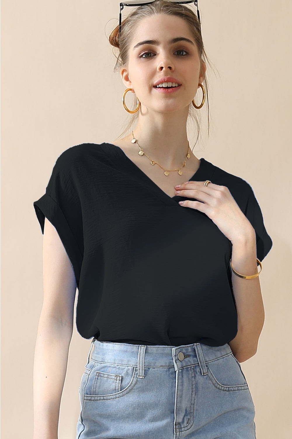 Ninexis V-Neck Trim Rolled Short Sleeve Shirt-TOPS / DRESSES-[Adult]-[Female]-BLACK-S-2022 Online Blue Zone Planet