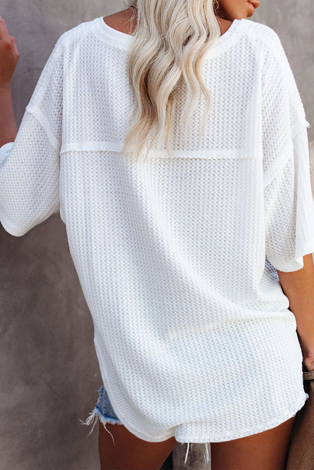 Purple Exposed Seam Half Sleeve Knitted V Neck Textured Top-Tops/Tops & Tees-[Adult]-[Female]-2022 Online Blue Zone Planet