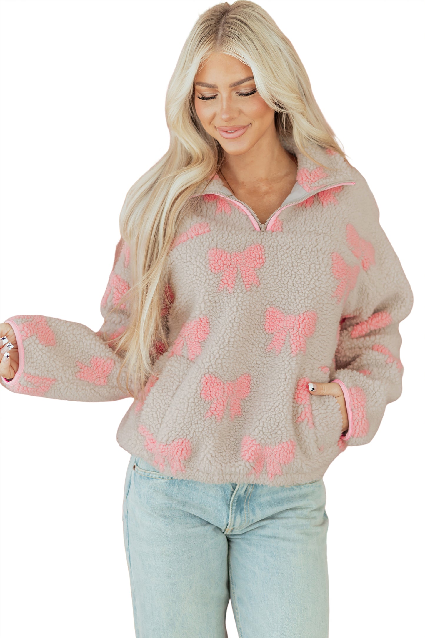 Gray Bow Sherpa Quarter Zip Drop Shoulder Baggy Sweatshirt-Tops/Sweatshirts & Hoodies-[Adult]-[Female]-2022 Online Blue Zone Planet