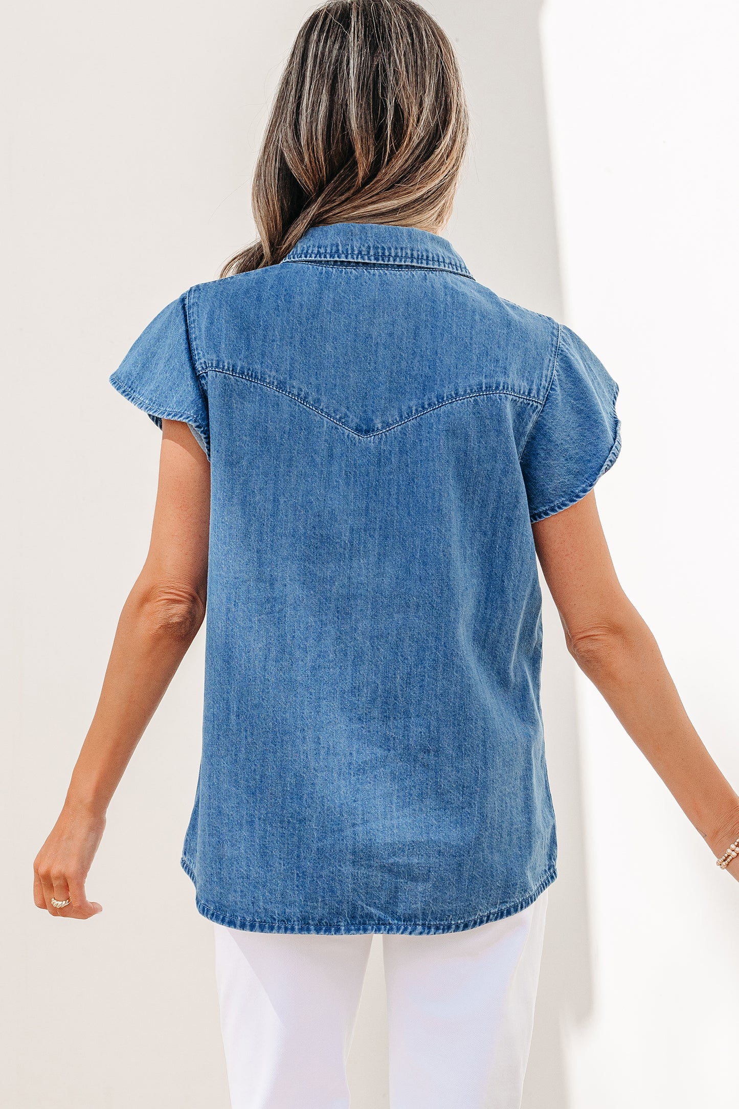 Dusk Blue Ruffled Short Sleeve Denim Shirt-Tops/Blouses & Shirts-[Adult]-[Female]-2022 Online Blue Zone Planet