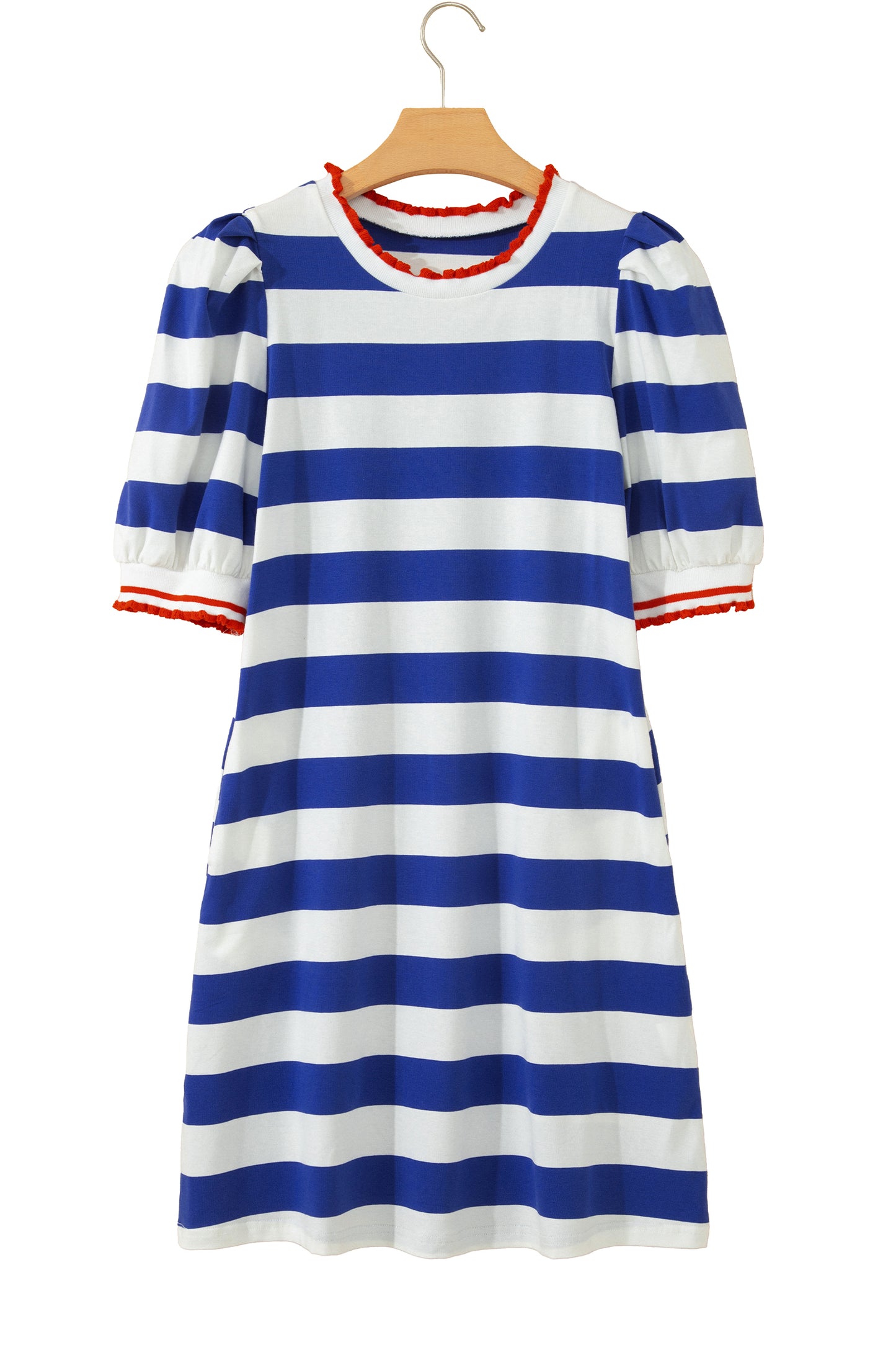 Blue Stripe Contrast Trim Round Neck Short Puff Sleeve Shift Mini Dress-TOPS / DRESSES-[Adult]-[Female]-2022 Online Blue Zone Planet