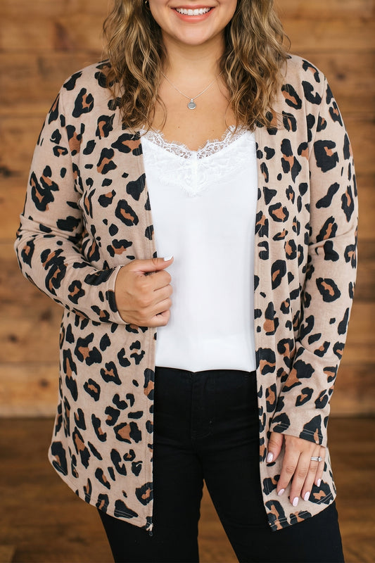 Khaki Leopard Print Long Sleeve V Neck Tunic Plus Size Cardigan-Plus Size/Plus Size Outerwear-[Adult]-[Female]-Khaki-1X-2022 Online Blue Zone Planet