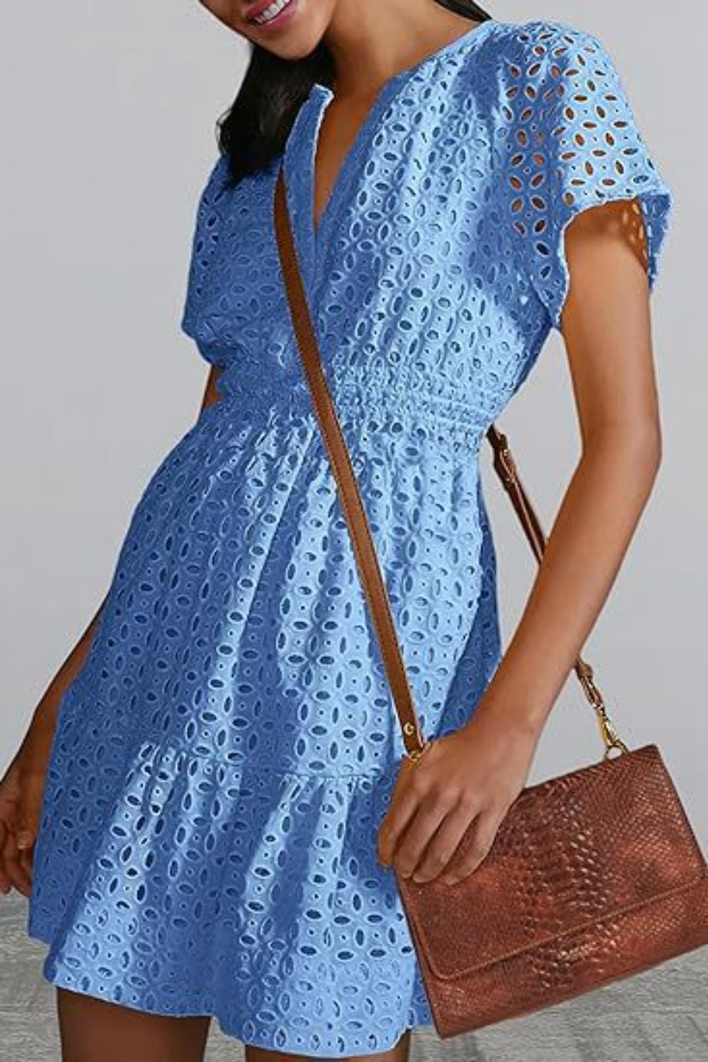 Blue Zone Planet | Eyelet Notched Short Sleeve Mini Dress-TOPS / DRESSES-[Adult]-[Female]-2022 Online Blue Zone Planet