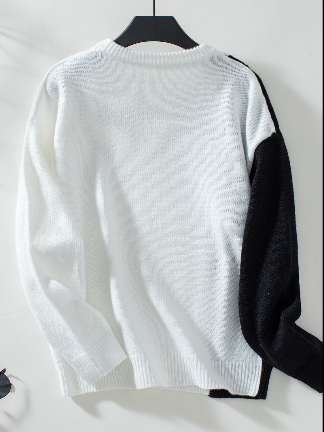 Two Tone Cable Knit Round Neck Long Sleeve Sweater-TOPS / DRESSES-[Adult]-[Female]-2022 Online Blue Zone Planet