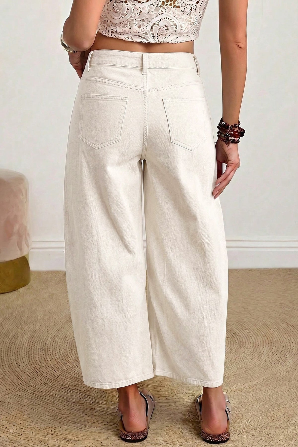 Beige Solid Color Square Patch Pocket Ankle-length Barrel Jeans-Bottoms/Jeans-[Adult]-[Female]-2022 Online Blue Zone Planet