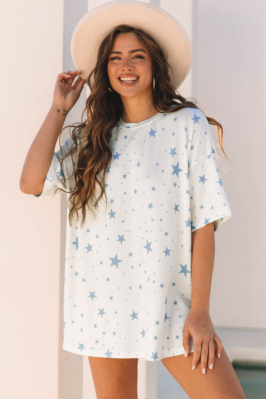 Sky Blue Stars Print Drop Shoulder Oversized T Shirt With Slits-Tops/Tops & Tees-[Adult]-[Female]-Sky Blue-S-2022 Online Blue Zone Planet