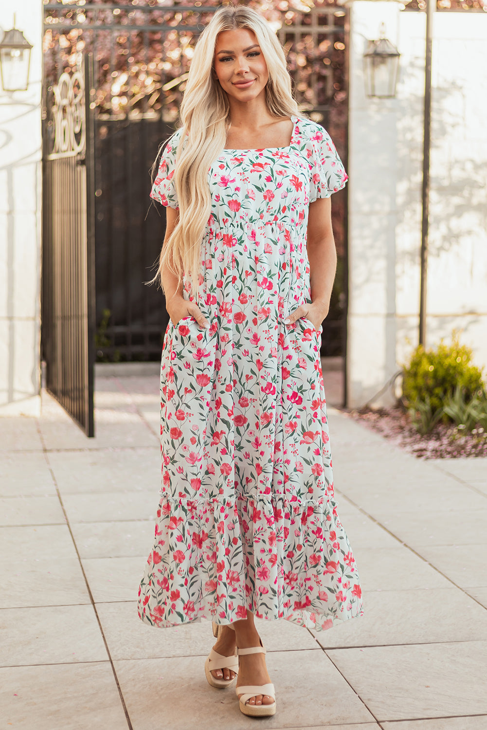 Pink Floral Puff Sleeve Square Neck Empire Waist Tiered Maxi Dress-Dresses/Floral Dresses-[Adult]-[Female]-2022 Online Blue Zone Planet