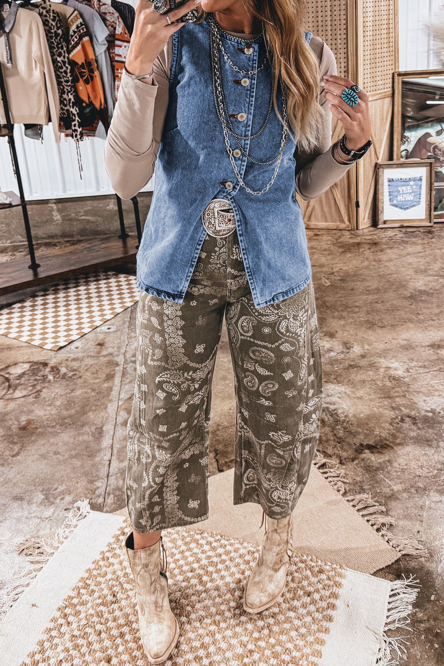 Ashleigh Blue Buttoned Front Slit Denim Vest-Outerwear/Vests-[Adult]-[Female]-2022 Online Blue Zone Planet