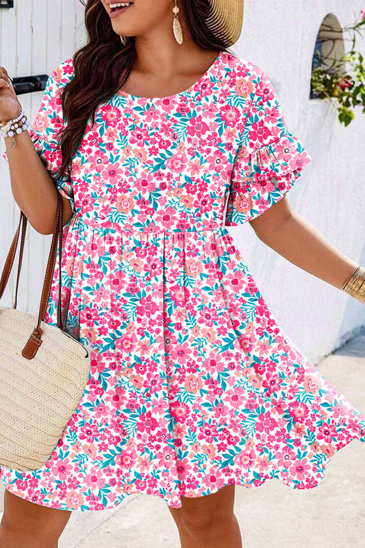 White Plus Size Floral Print Frilled Short Sleeve Flare Dress-TOPS / DRESSES-[Adult]-[Female]-White-1X-2022 Online Blue Zone Planet