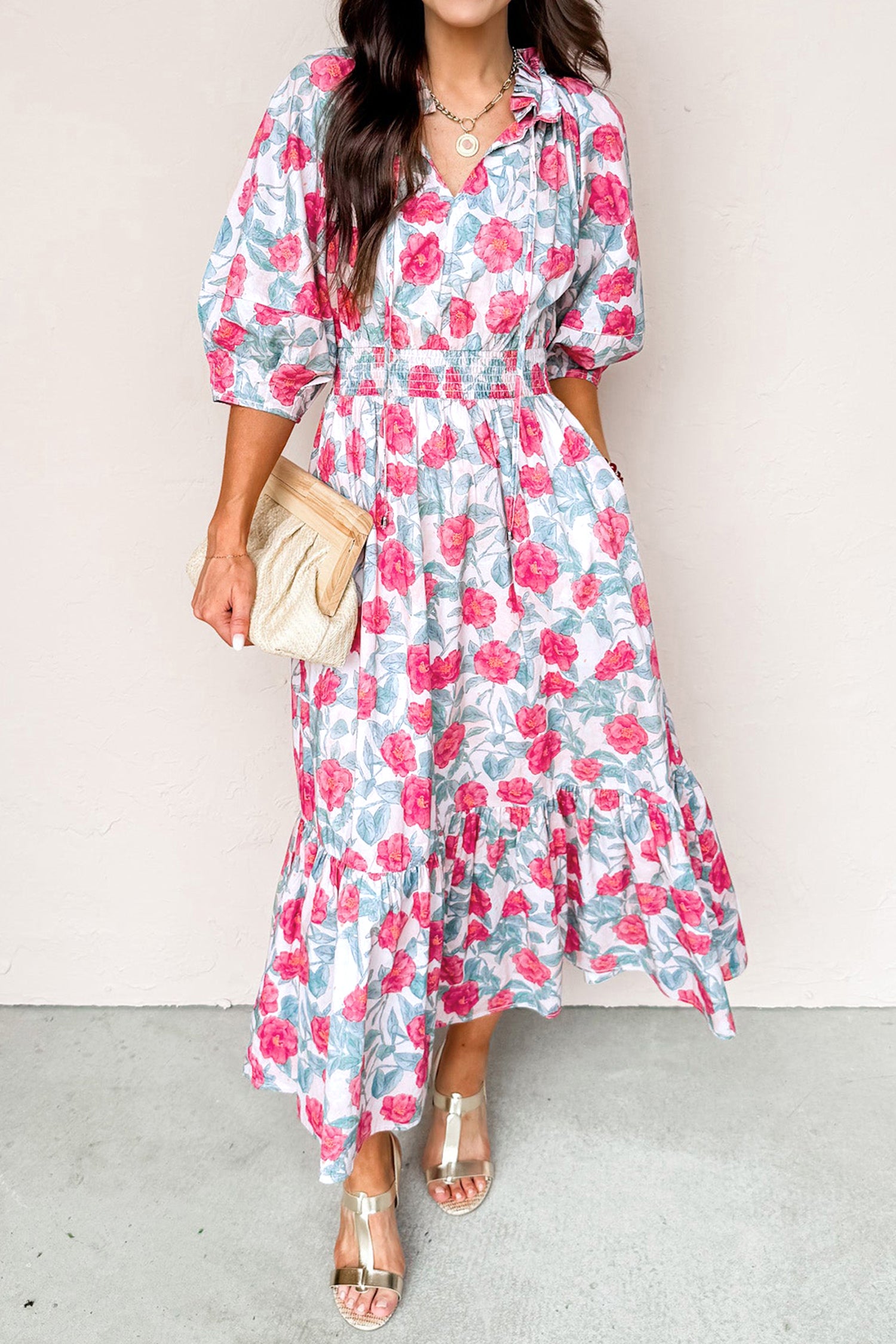 Red Elegant Floral Puff Sleeve Midi Dress-TOPS / DRESSES-[Adult]-[Female]-Red-S-2022 Online Blue Zone Planet