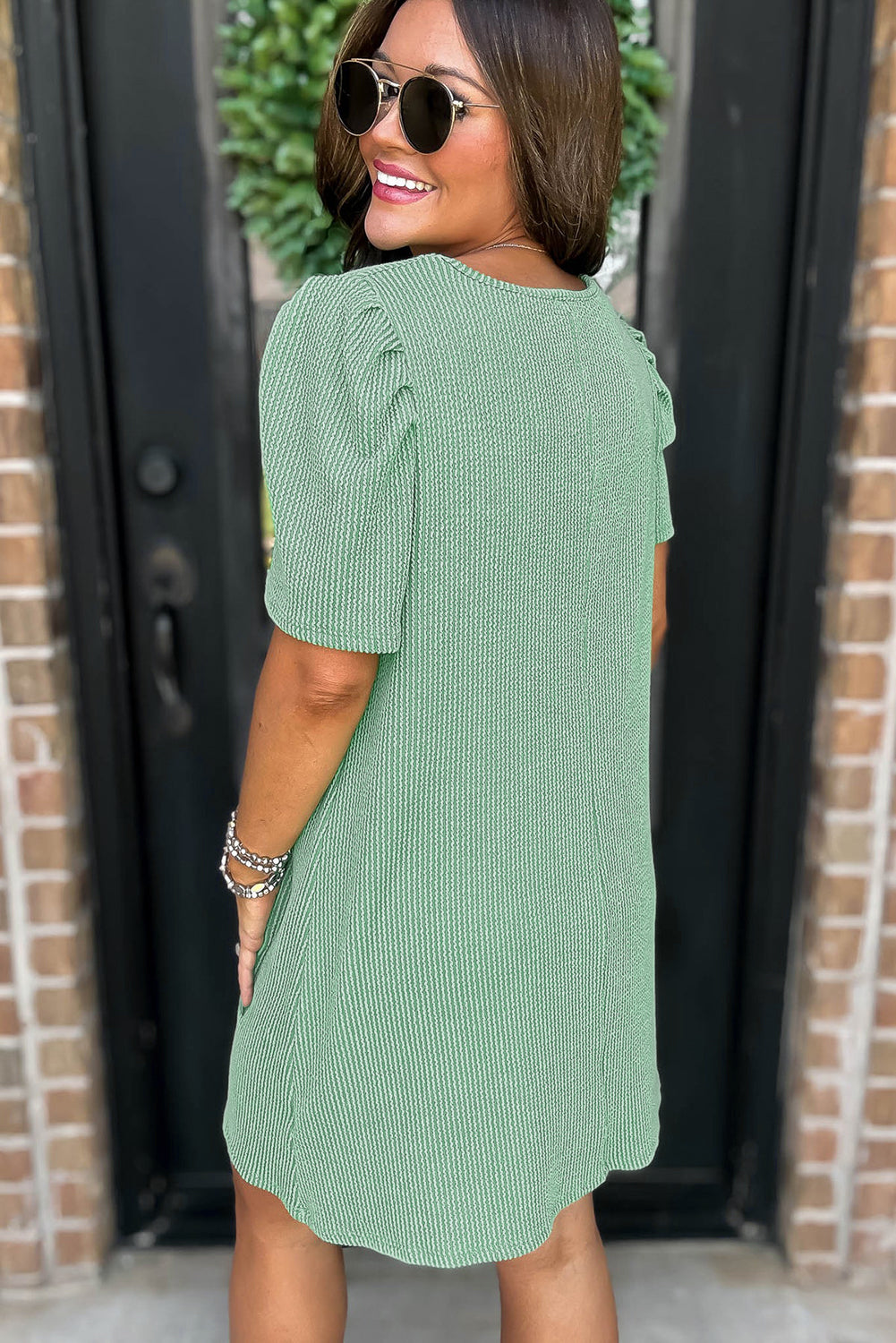 Mint Green Corded Knit Crew Neck Puff Sleeve Shift Mini Dress-TOPS / DRESSES-[Adult]-[Female]-2022 Online Blue Zone Planet