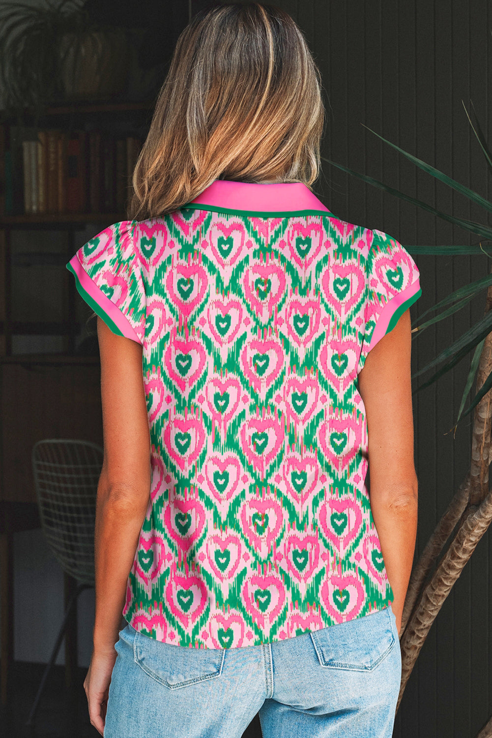 Green Abstract Heart In Heart Print Striped Trim Polo Collar Short Sleeve Blouse-Tops/Blouses & Shirts-[Adult]-[Female]-2022 Online Blue Zone Planet