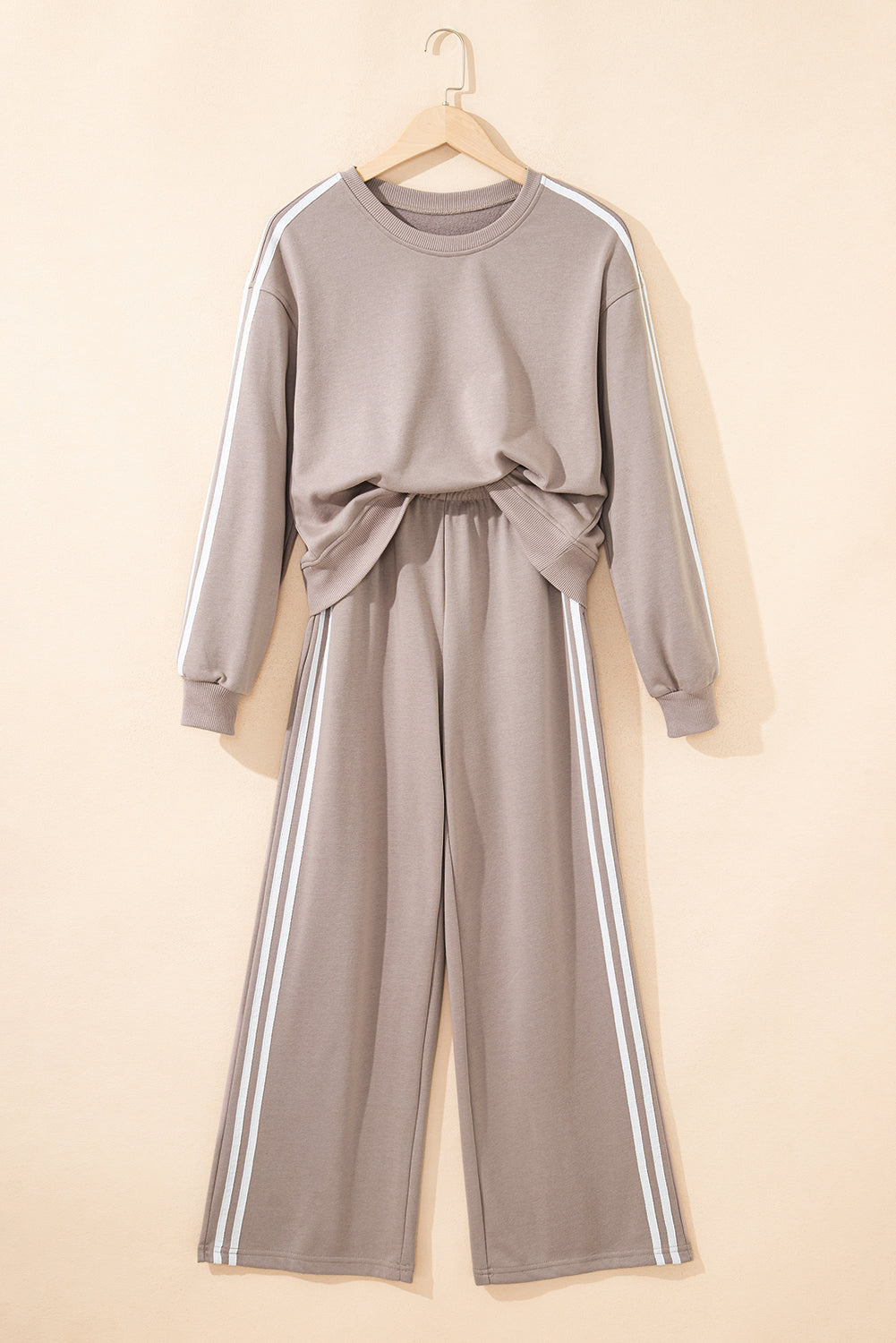 Gray Morn Varsity Striped Detail Crewneck Pullover Elastic Sweatpants 2pcs Outfit-Two Piece Sets/Pant Sets-[Adult]-[Female]-2022 Online Blue Zone Planet