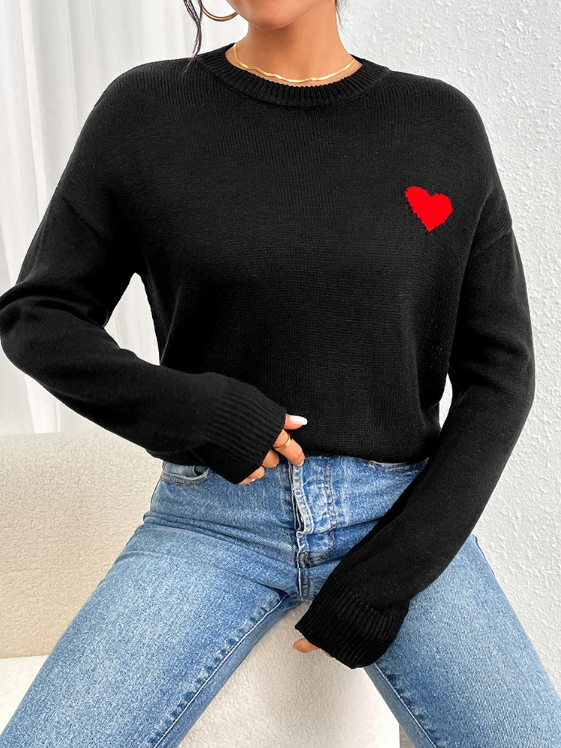 Heart Round Neck Long Sleeve Sweater-TOPS / DRESSES-[Adult]-[Female]-2022 Online Blue Zone Planet