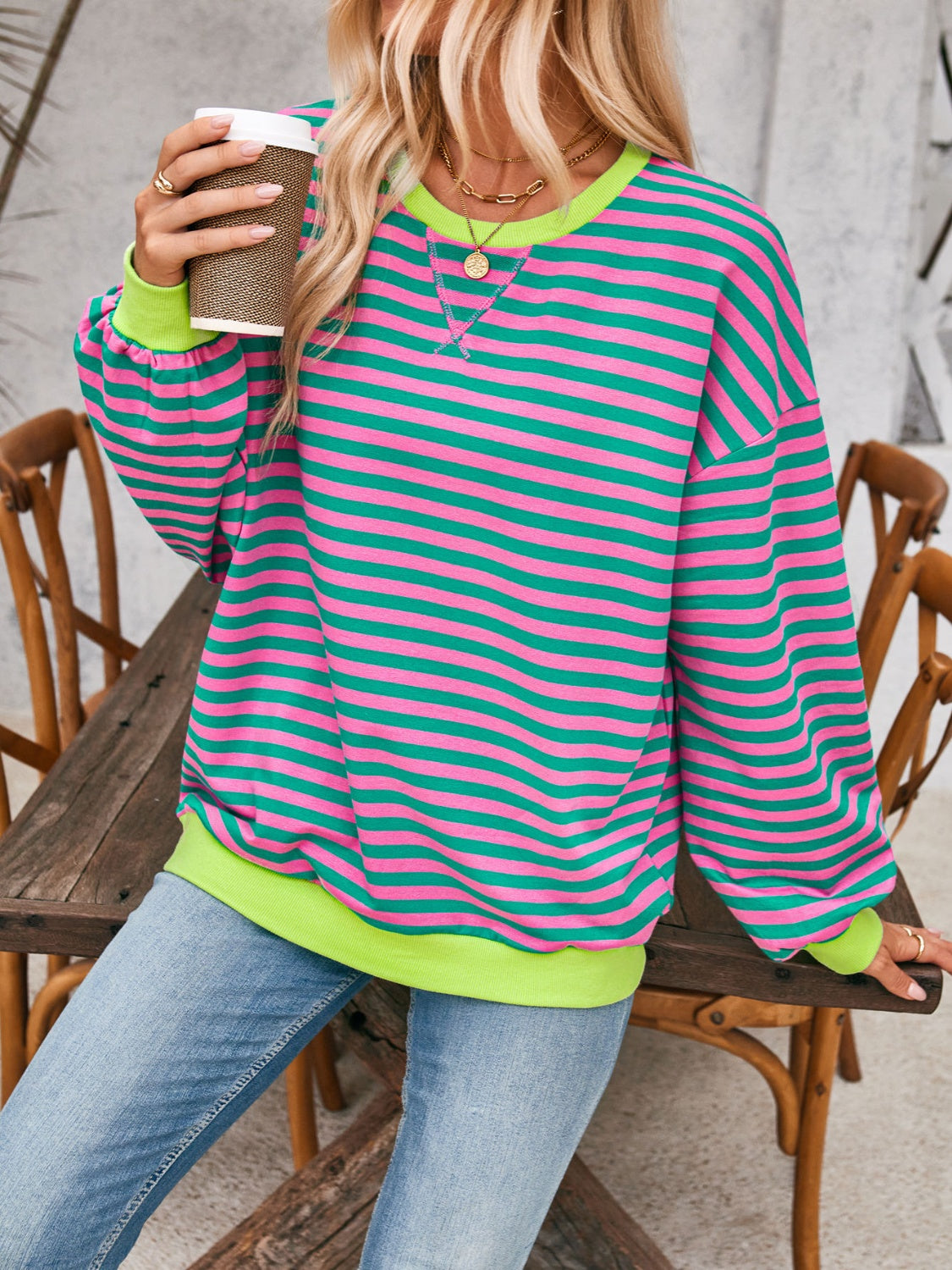 Blue Zone Planet | Lovelet Contrast Striped Long Sleeve Sweatshirt-TOPS / DRESSES-[Adult]-[Female]-Cerise-S-2022 Online Blue Zone Planet