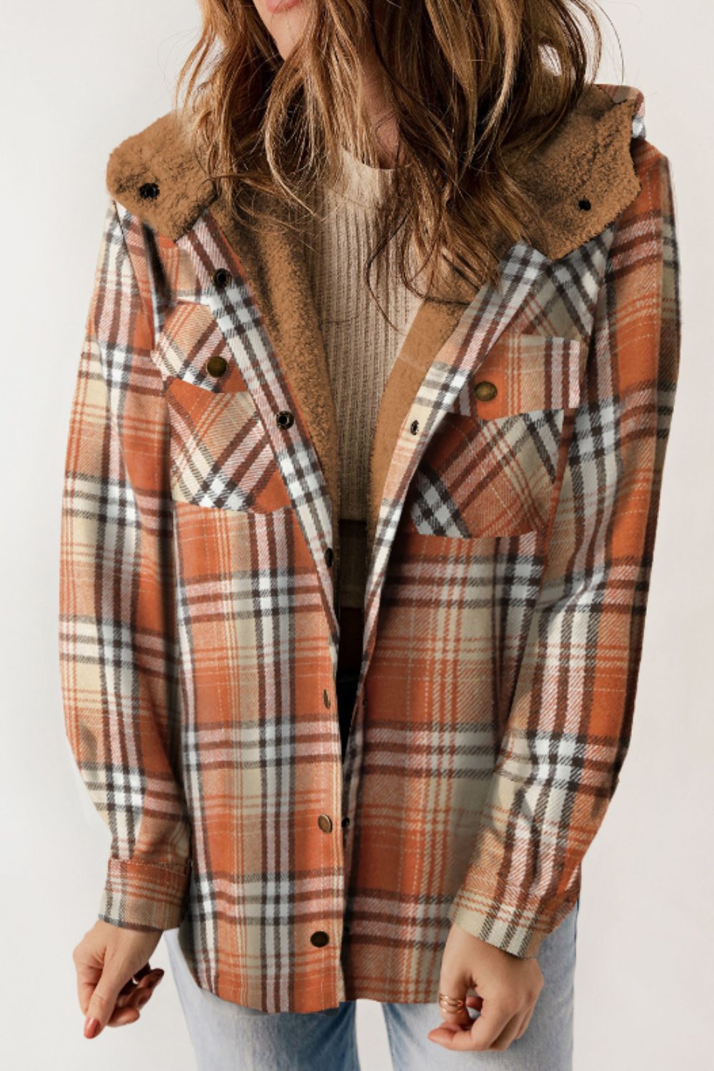 Blue Zone Planet | Plaid Button Up Long Sleeve Hooded Jacket-TOPS / DRESSES-[Adult]-[Female]-Tangerine-S-2022 Online Blue Zone Planet