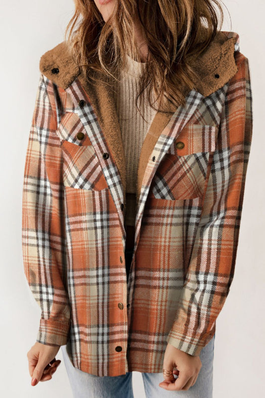 Blue Zone Planet | Plaid Button Up Long Sleeve Hooded Jacket-TOPS / DRESSES-[Adult]-[Female]-Tangerine-S-2022 Online Blue Zone Planet