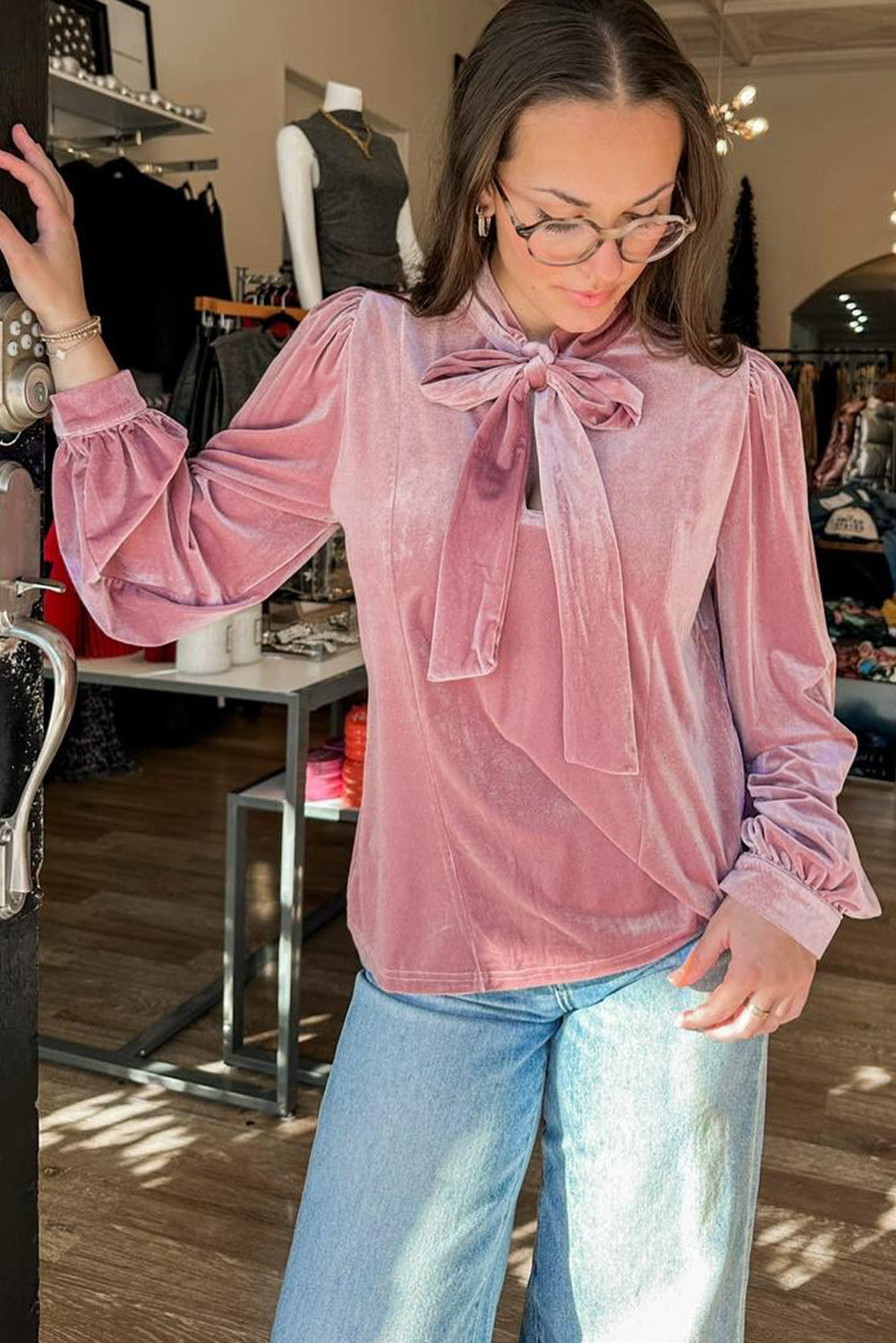 Fushia Solid Color Velvet Ribbon Bow Knot Long Sleeve Blouse-Tops/Blouses & Shirts-[Adult]-[Female]-2022 Online Blue Zone Planet