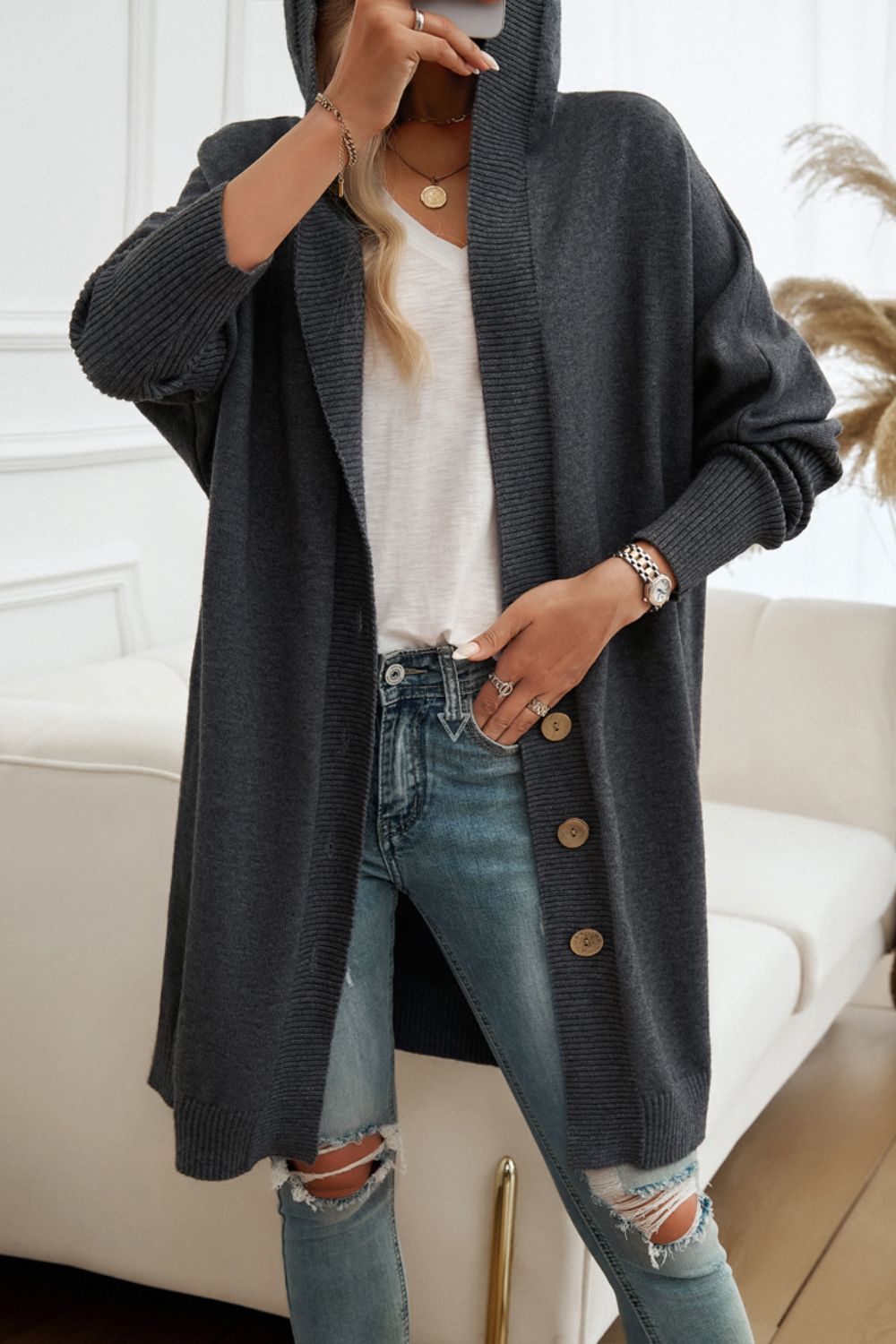 Button Up Long Sleeve Hooded Cardigan-TOPS / DRESSES-[Adult]-[Female]-2022 Online Blue Zone Planet