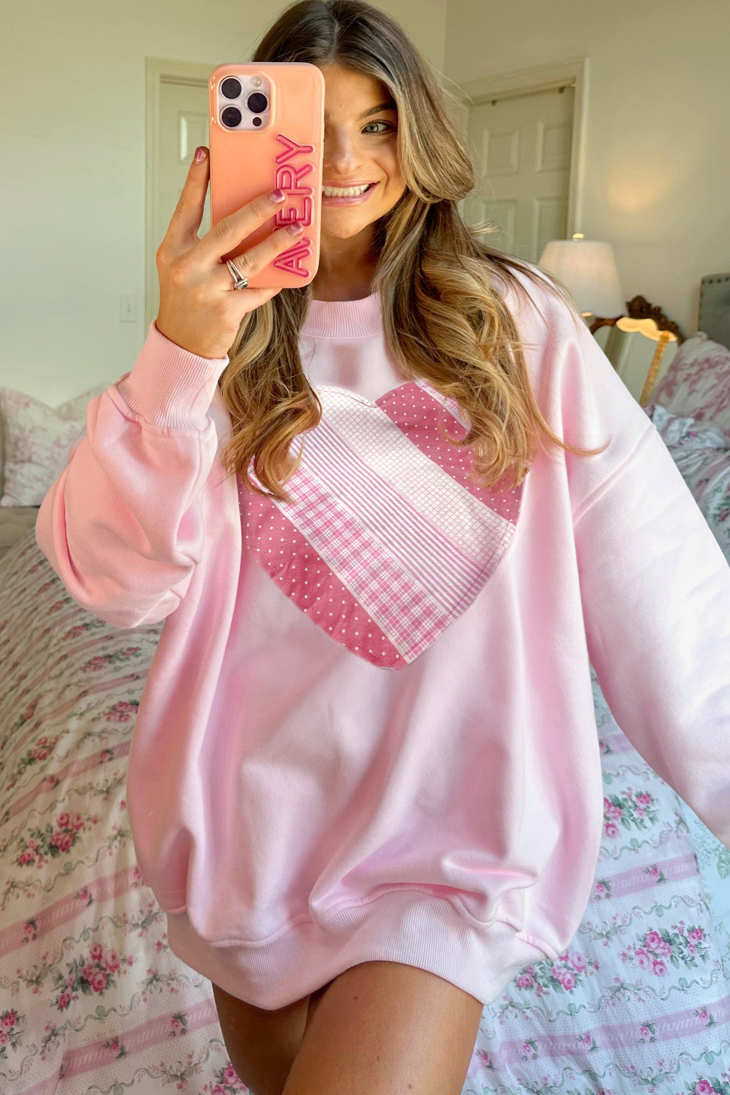 Light Pink Sweetheart Patchwork Oversize Sweatshirt-Tops/Sweatshirts & Hoodies-[Adult]-[Female]-2022 Online Blue Zone Planet