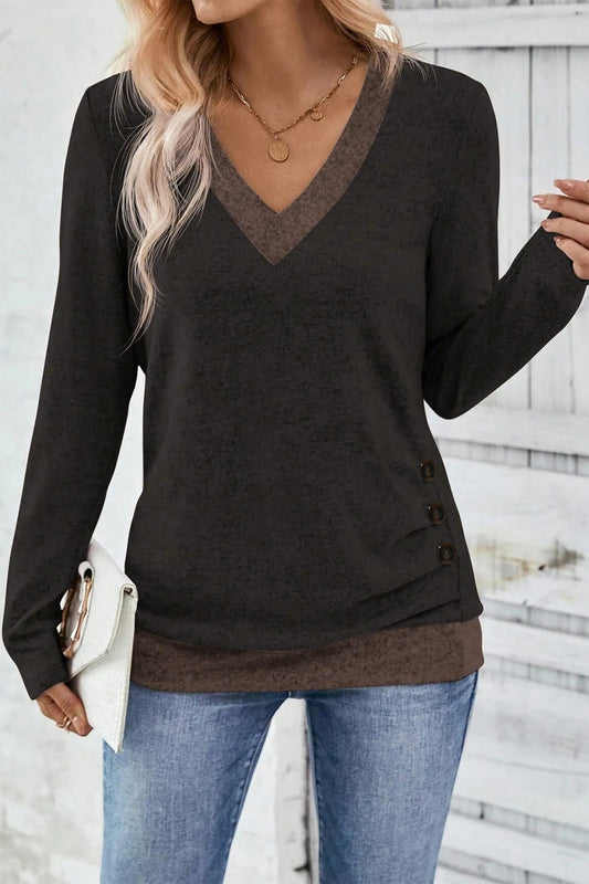 Chicory Coffee Color Block Trim V Neck Button Decor Long Sleeve Top-Tops/Long Sleeve Tops-[Adult]-[Female]-Chicory Coffee-S-2022 Online Blue Zone Planet