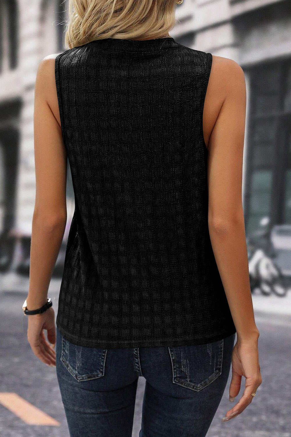 Black Lattice Textured Split Neck Tank Top-Tops/Tank Tops-[Adult]-[Female]-2022 Online Blue Zone Planet