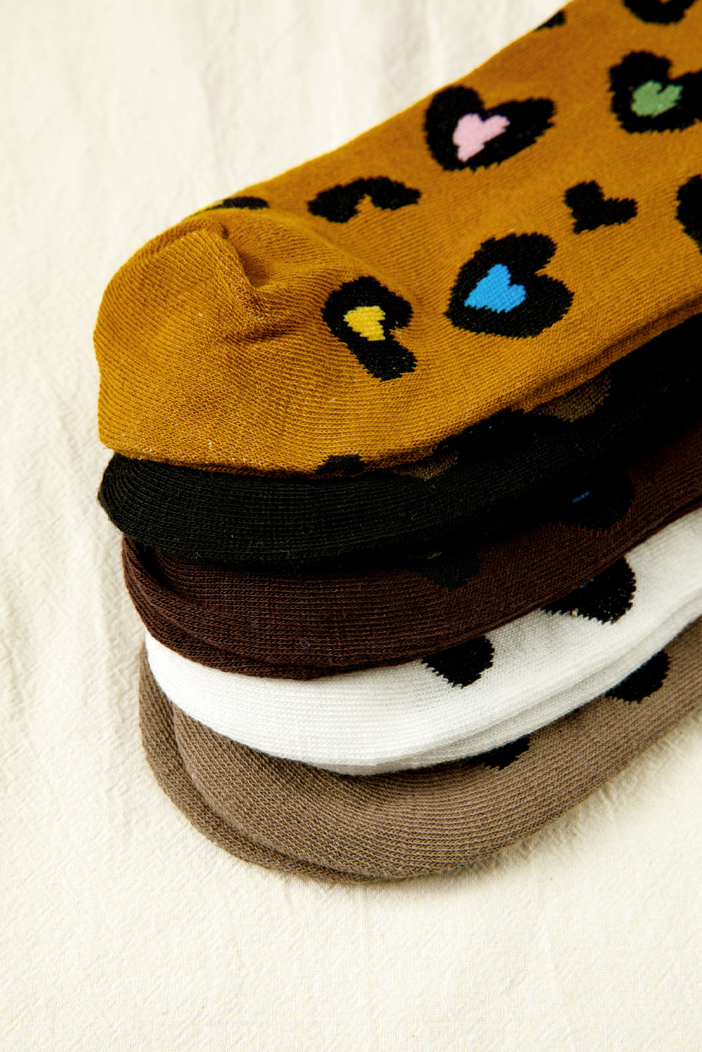 Bristol Black 5 Pairs Ribbed Trim Heart Leopard Print Socks-Socks-[Adult]-[Female]-2022 Online Blue Zone Planet