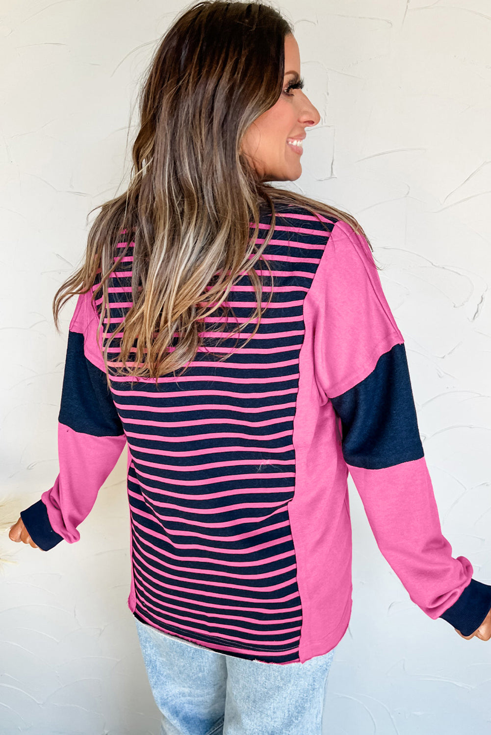 Pink Stripe Color Block V Neck Loose Fit Long Sleeve Top-Tops/Long Sleeve Tops-[Adult]-[Female]-2022 Online Blue Zone Planet