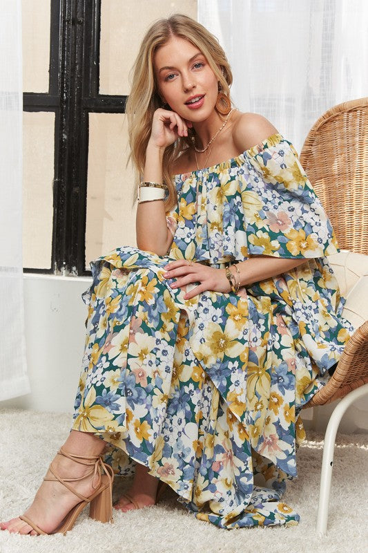 ADORA Layered Floral Off-Shoulder Short Sleeve Maxi Dress - Blue Zone Blue Zone Planet ADORA Layered Floral Off-Shoulder Short Sleeve Maxi Dress - Blue Zone Blue Zone Planet