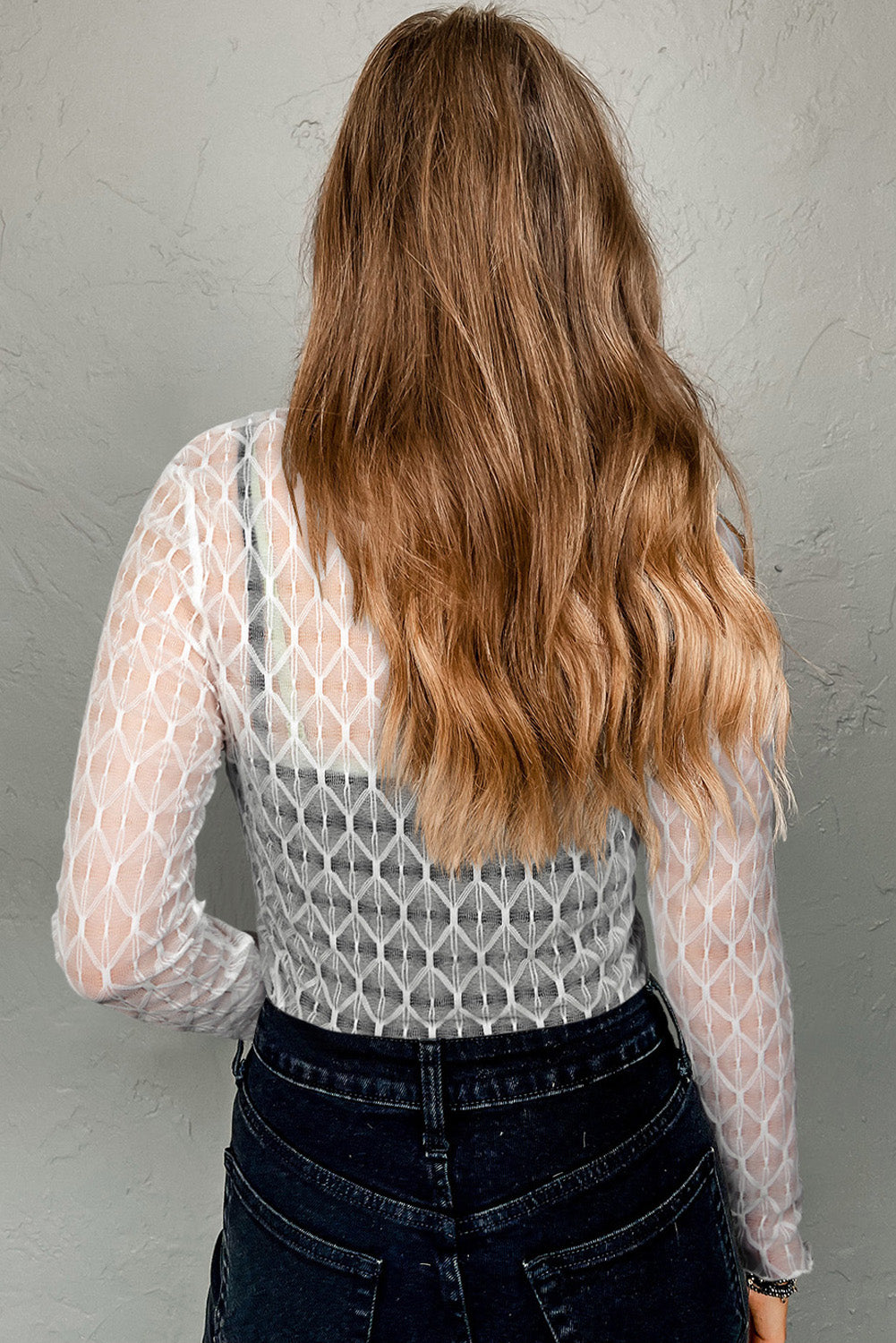 Beige Sheer Mesh Patterned Lettuce Trim Slim Long Sleeve Top-Tops/Long Sleeve Tops-[Adult]-[Female]-2022 Online Blue Zone Planet