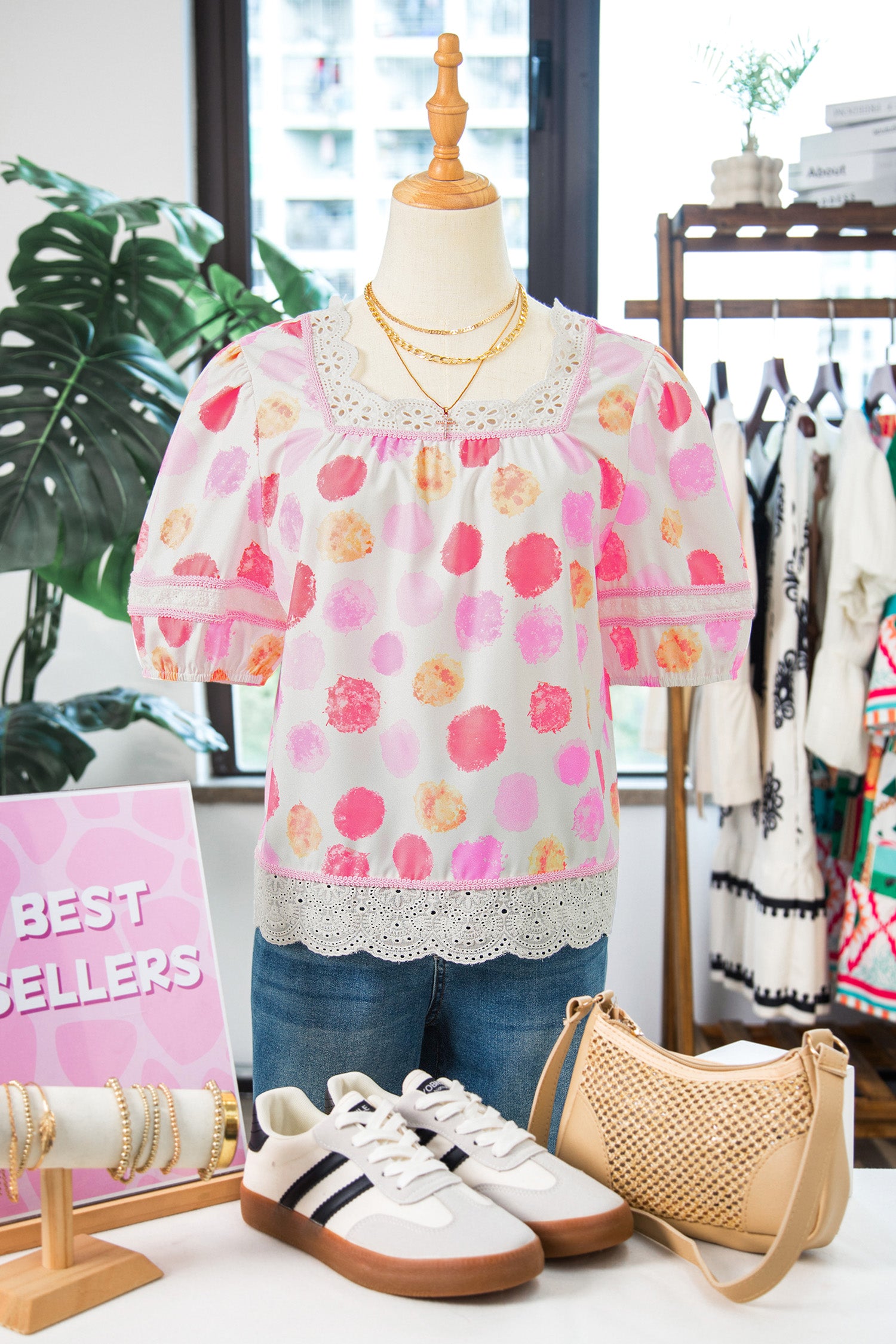 Pink Polka Dot Lace Trim Square Neck Puff Sleeve Blouse-Tops/Blouses & Shirts-[Adult]-[Female]-2022 Online Blue Zone Planet
