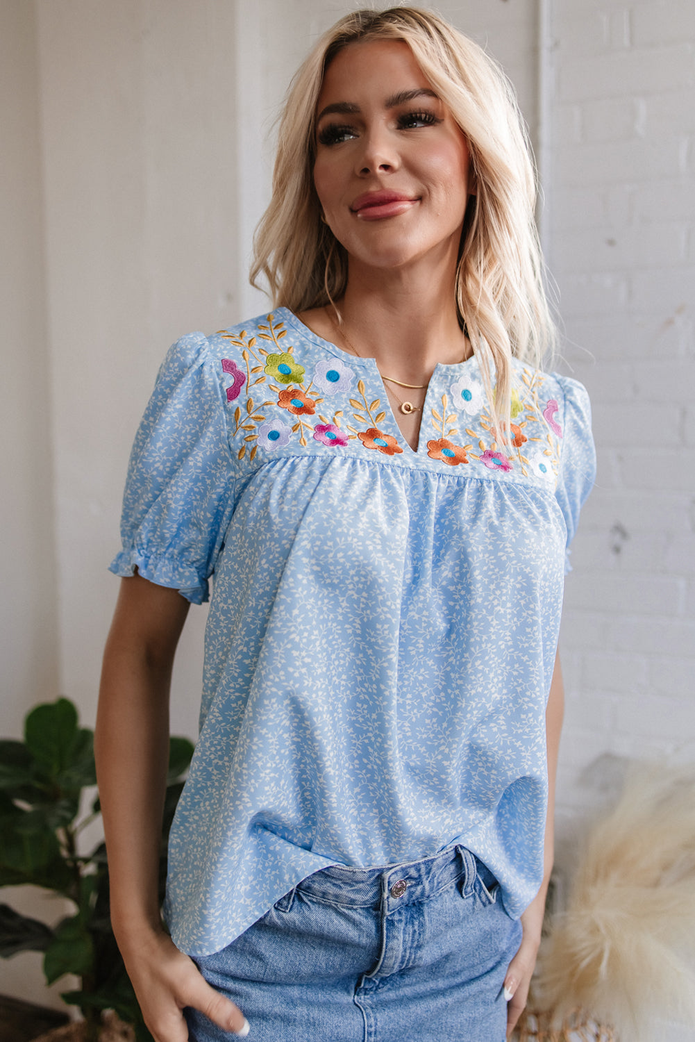 Sky Blue Floral Embroidered Puff Sleeve Notched V Neck Blouse-Tops/Blouses & Shirts-[Adult]-[Female]-2022 Online Blue Zone Planet