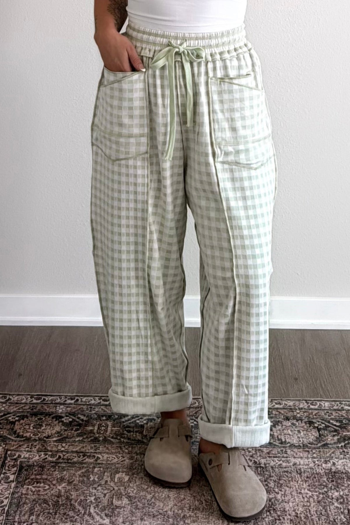 Red Plaid Contrast Trim Drawstring Elastic Waist Shift Pants-Bottoms/Pants & Culotte-[Adult]-[Female]-2022 Online Blue Zone Planet
