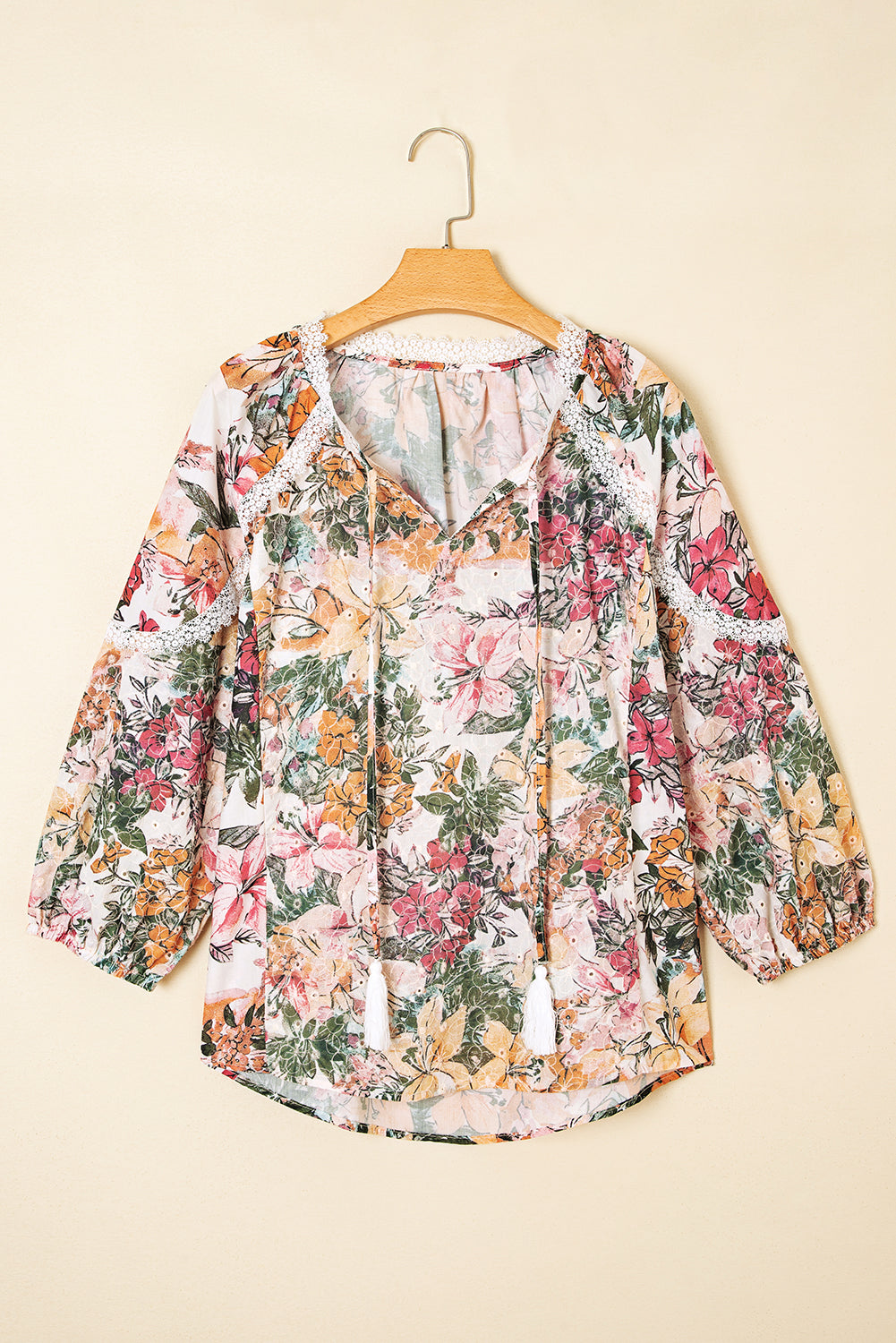Pink Floral Print Lace Embroidery Tie Split Neck Long Sleeve Blouse-Tops/Blouses & Shirts-[Adult]-[Female]-2022 Online Blue Zone Planet