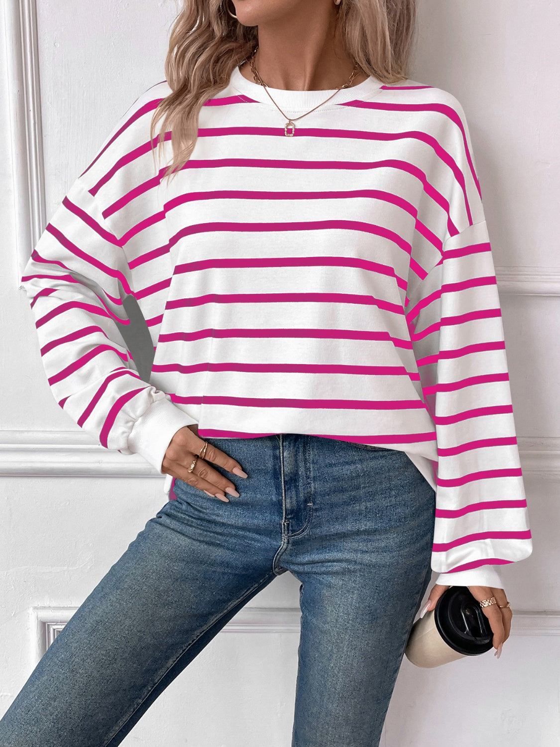 Blue Zone Planet | Lovelet Striped Round Neck Long Sleeve Sweatshirt-TOPS / DRESSES-[Adult]-[Female]-2022 Online Blue Zone Planet