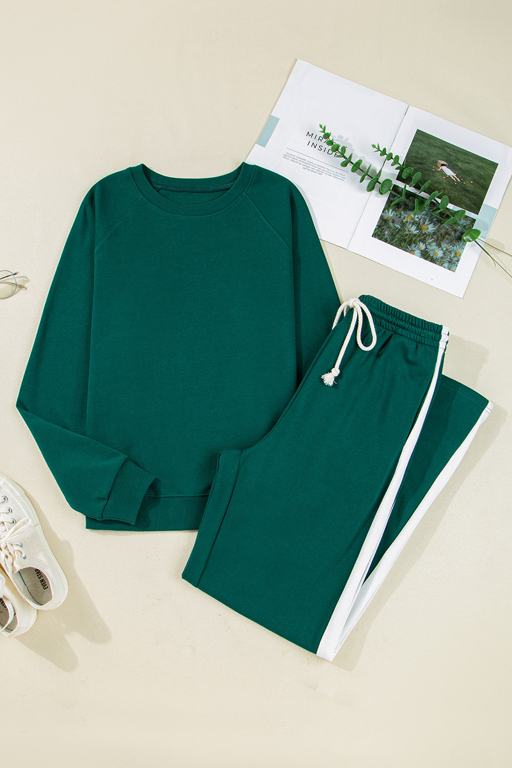Sea Green Solid Color Pullover Top Varsity Stripe Detail Loose Drawstring Pants Set-Two Piece Sets/Pant Sets-[Adult]-[Female]-2022 Online Blue Zone Planet
