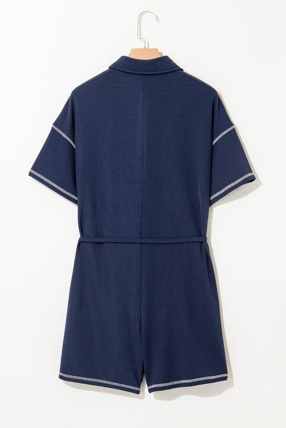 Navy Blue Stitched Detail Drop Shoulder Waffle Knit Romper-Bottoms/Jumpsuits & Rompers-[Adult]-[Female]-2022 Online Blue Zone Planet