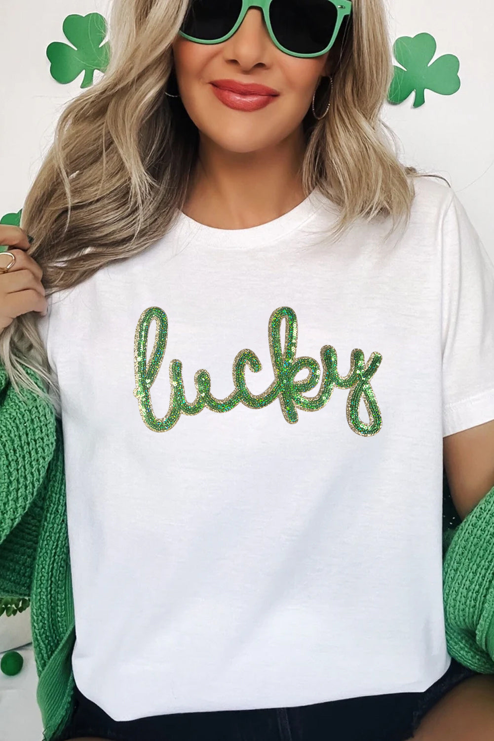White Sequined Lucky St.Patricks Day Graphic Tee-Graphic/Graphic Tees-[Adult]-[Female]-2022 Online Blue Zone Planet